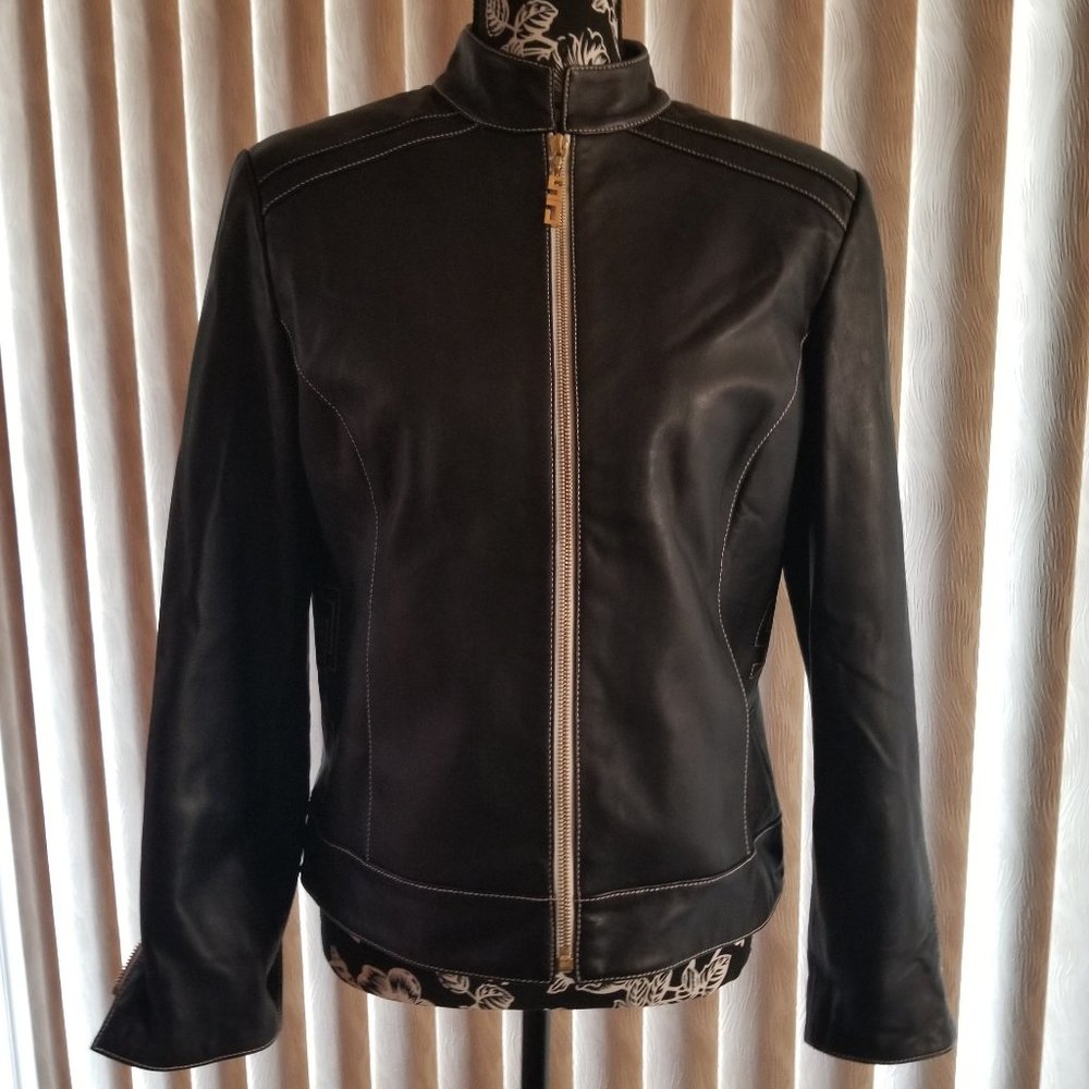 St John Sport Leather Moto Jacket, Logo Zips, Sz 8, Like New